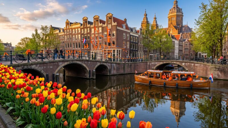 Escala en Ámsterdam: canal con tulipanes y barca naranja en el Koningsdag