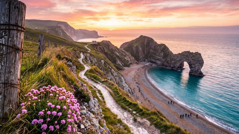 Costa Jurásica de Inglaterra: el arco de Durdle Door sobre la cala al amanecer