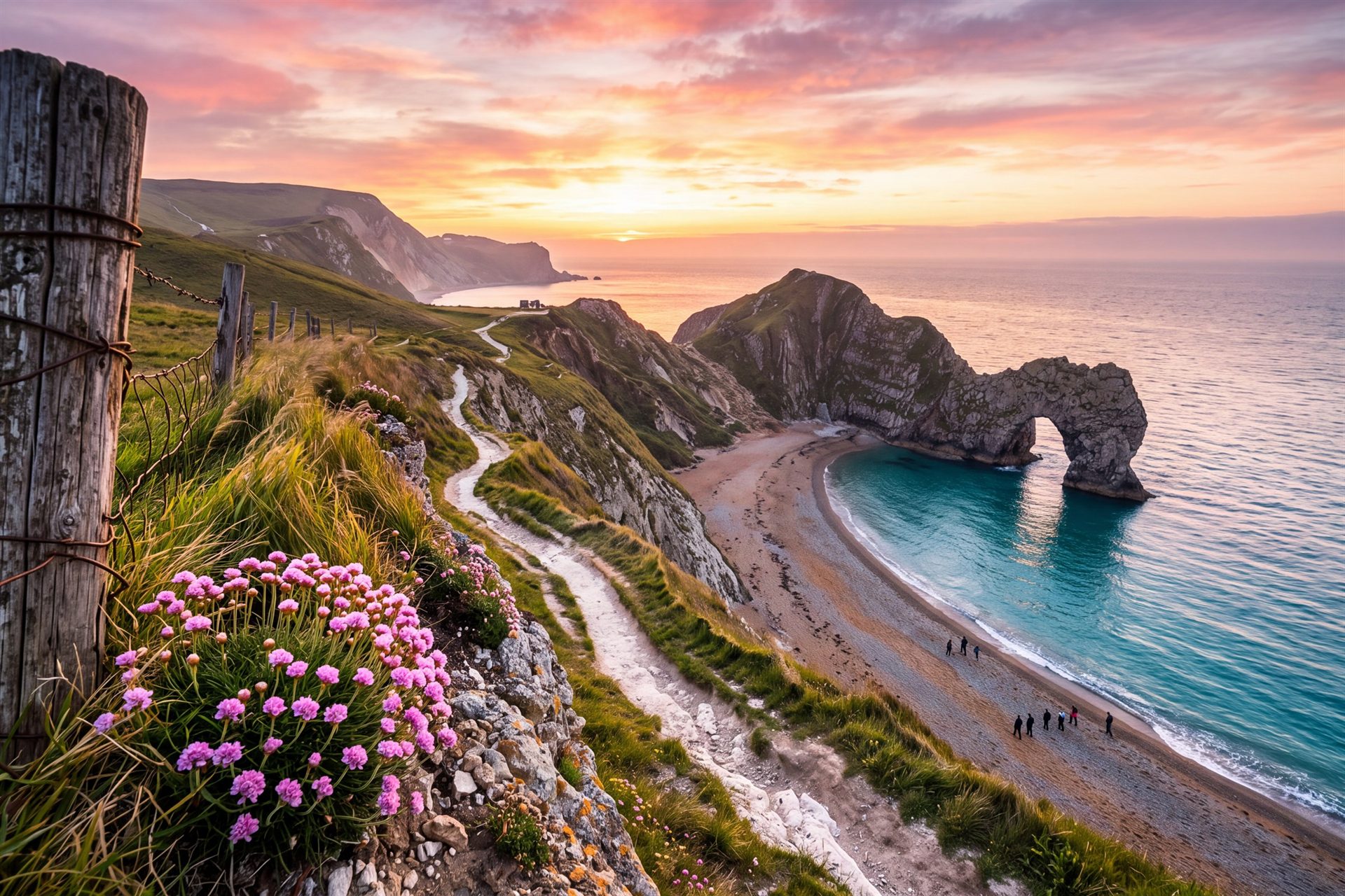 Costa Jurásica de Inglaterra: el arco de Durdle Door sobre la cala al amanecer