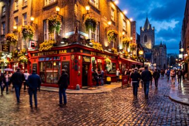 Viaje a Dublín en 4 días: el Temple Bar iluminado al anochecer