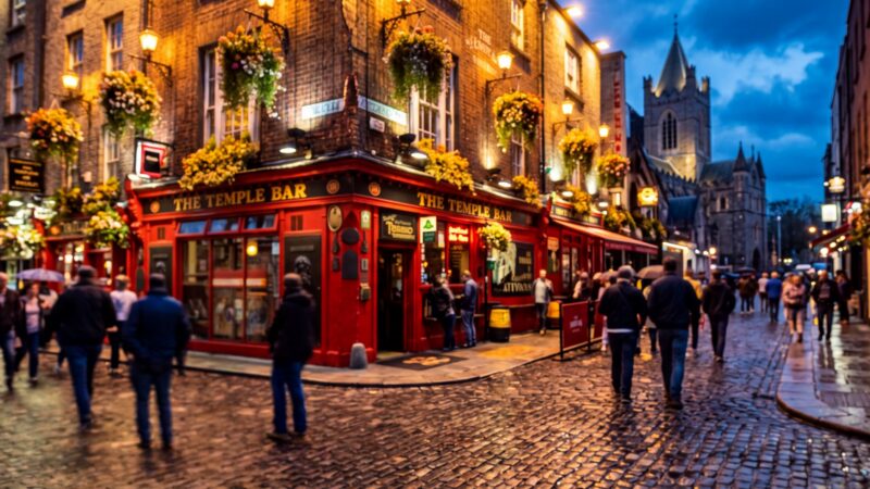 Viaje a Dublín en 4 días: el Temple Bar iluminado al anochecer
