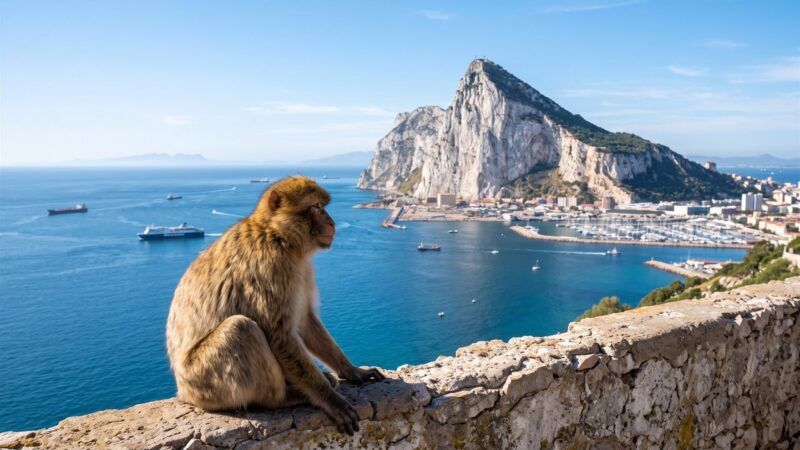 Viaje a Gibraltar: el Peñón y un mono de Gibraltar sobre la bahía