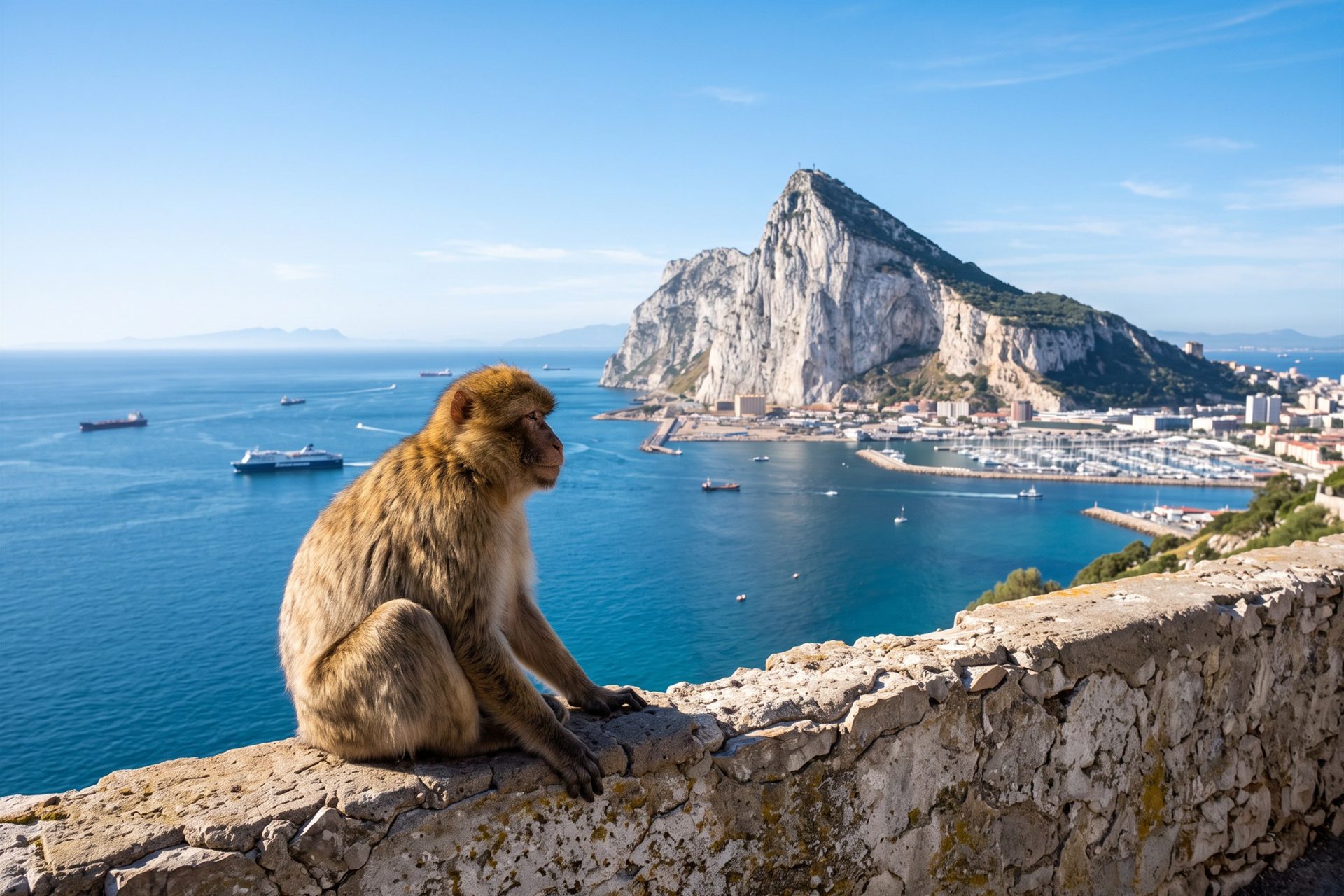 Viaje a Gibraltar: el Peñón y un mono de Gibraltar sobre la bahía