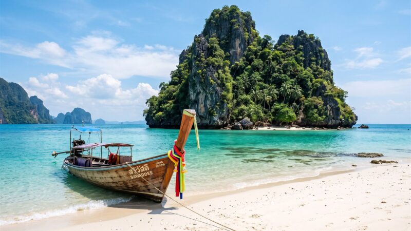 Koh Mook y Koh Ngai: barca de cola larga en una playa del sur de Tailandia