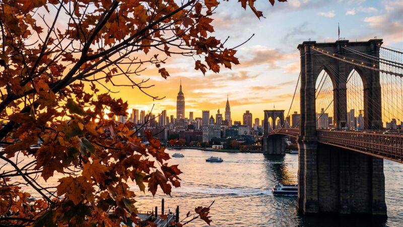 Viaje a Nueva York en otoño: el puente de Brooklyn y el skyline de Manhattan