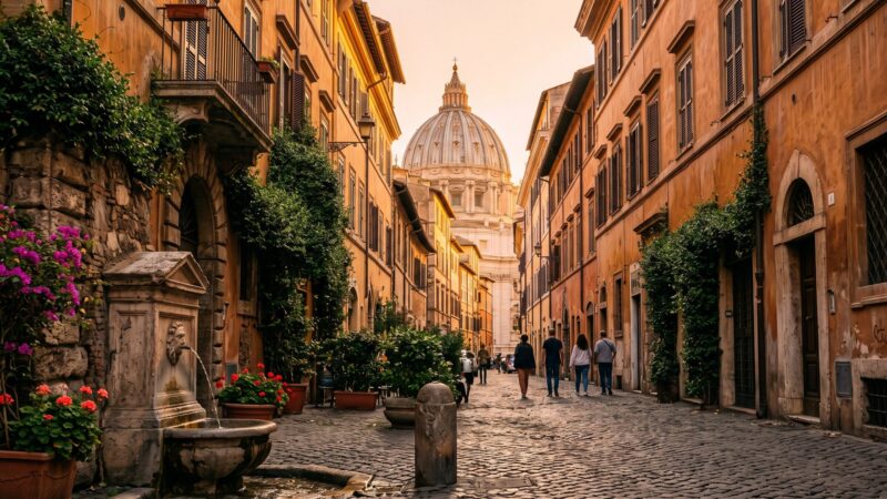 Viaje a Roma en 6 días: calle empedrada con la cúpula de San Pedro al fondo