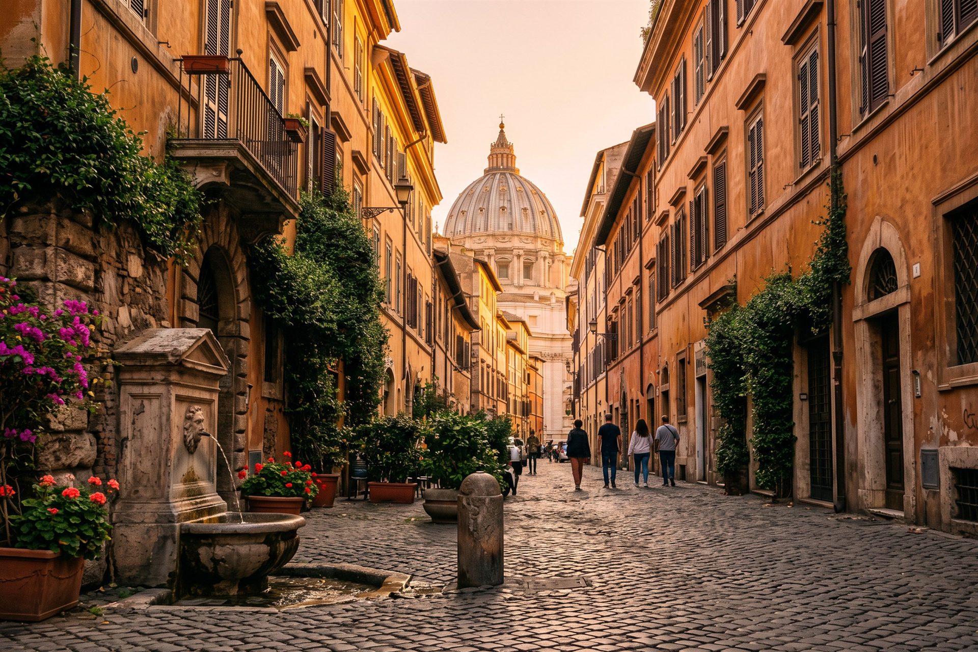 Viaje a Roma en 6 días: calle empedrada con la cúpula de San Pedro al fondo