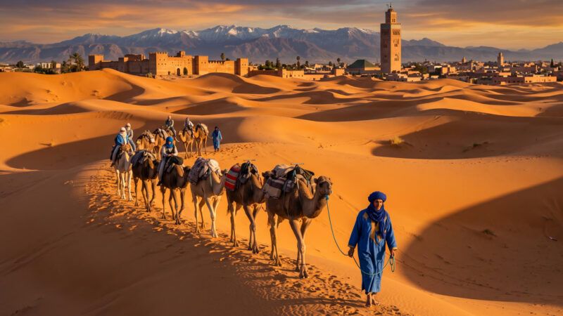 Desierto y Marrakech: caravana de camellos en el Sáhara y la Koutoubia