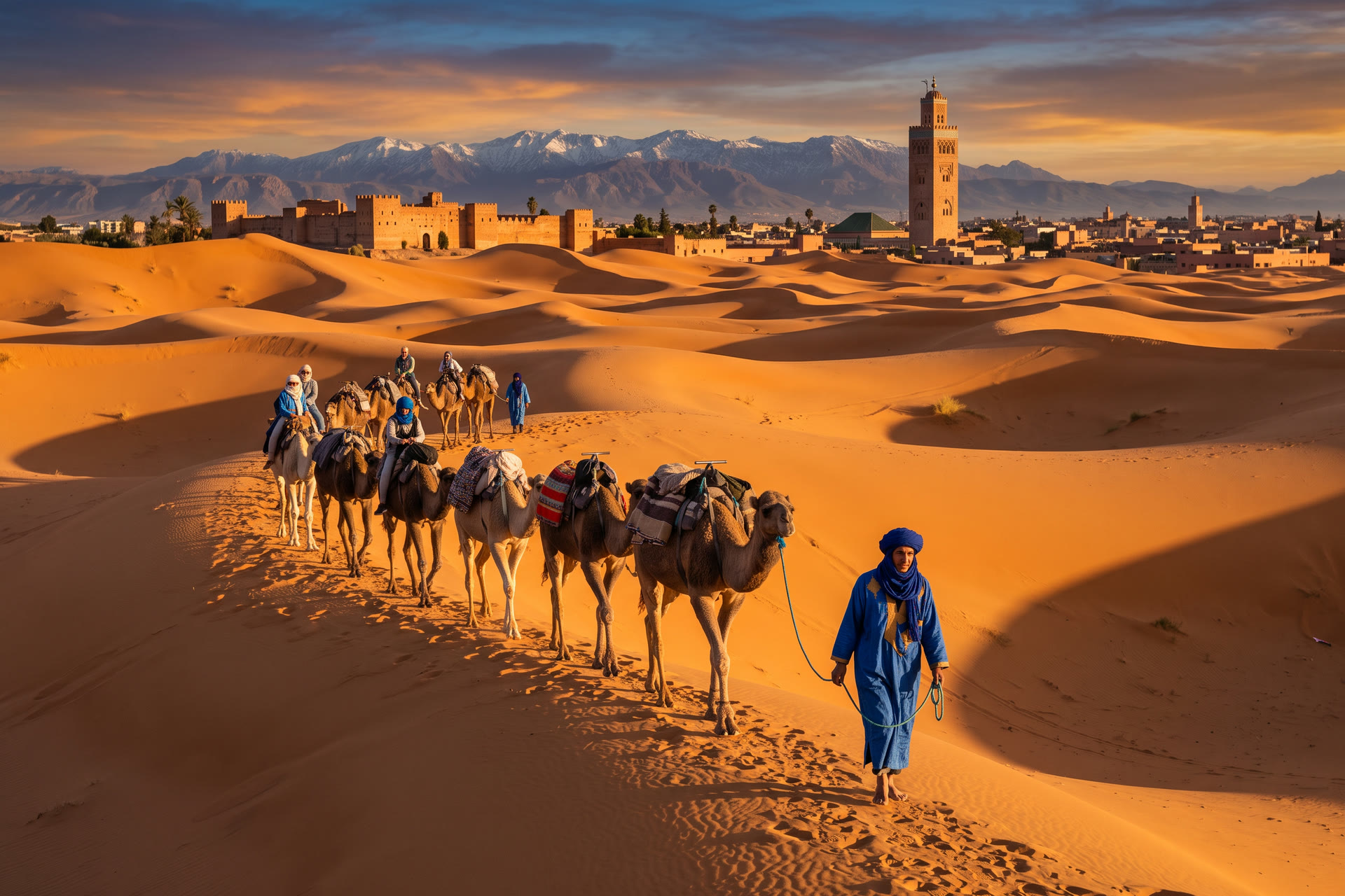 Desierto y Marrakech: caravana de camellos en el Sáhara y la Koutoubia