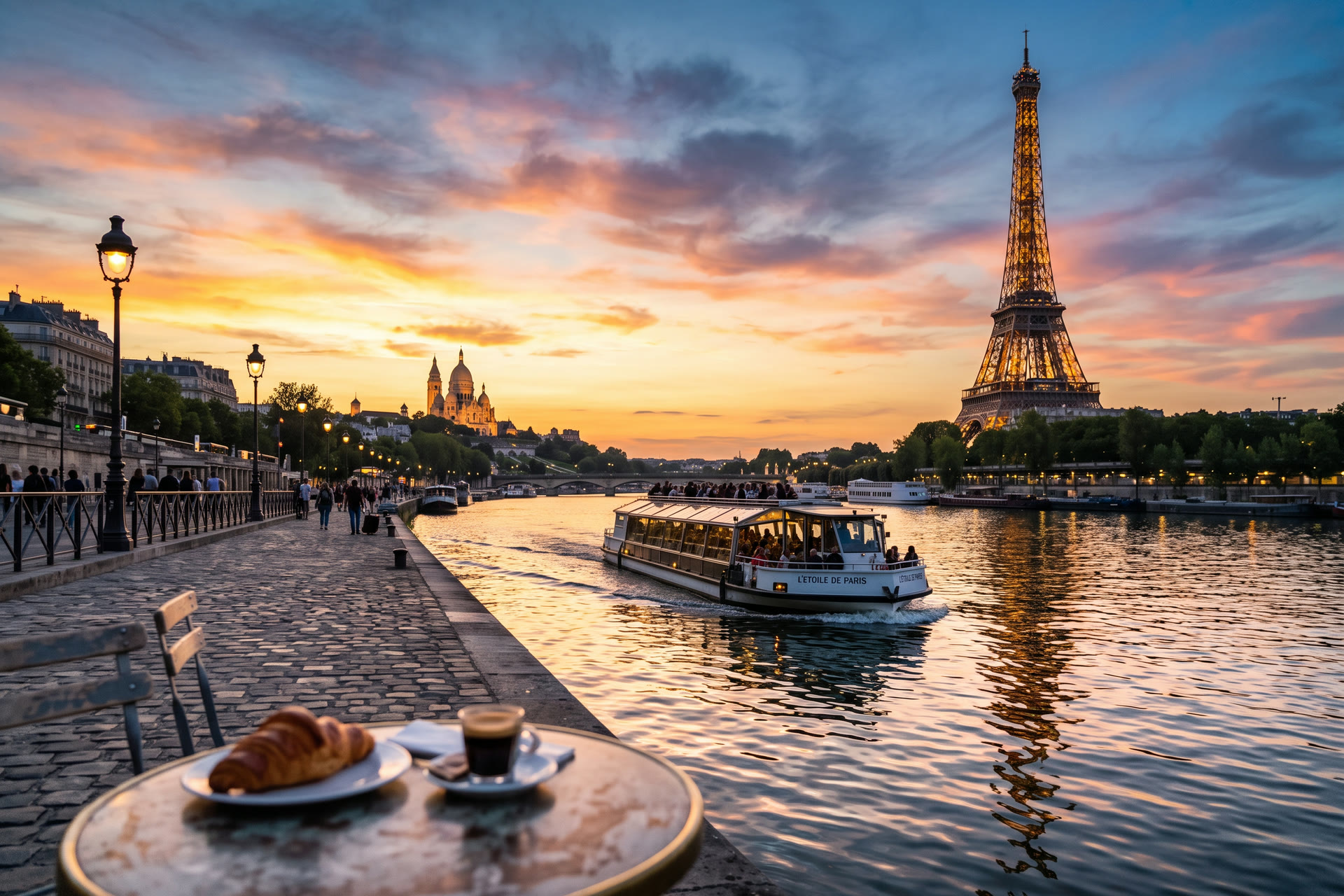 Escapada a París: la Torre Eiffel sobre el Sena al atardecer
