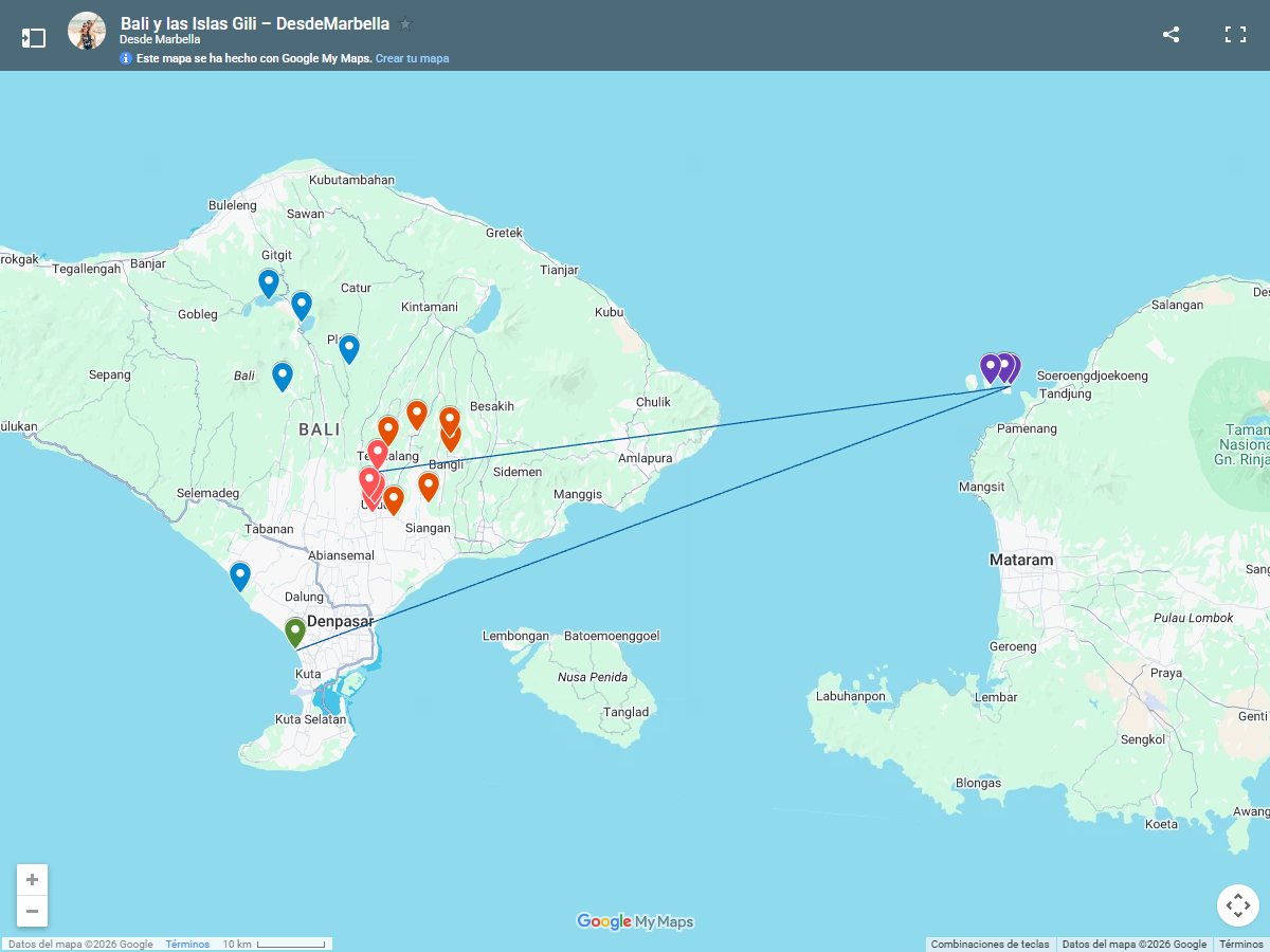 Mapa de nuestra ruta por Bali y las islas Gili: Ubud, templos, arrozales, Gili Air, Gili Meno y Seminyak