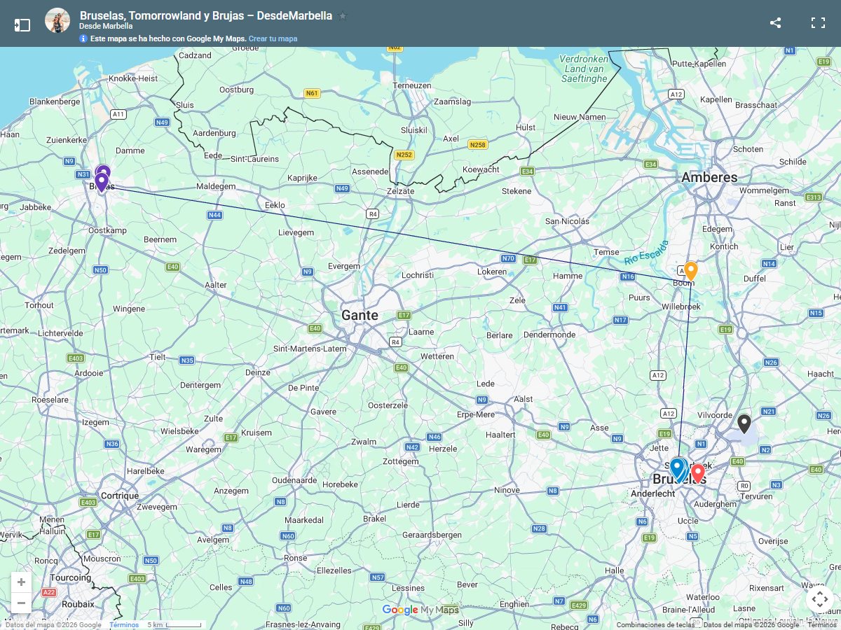 Mapa de nuestra ruta por Bélgica: Bruselas, Tomorrowland en Boom y Brujas