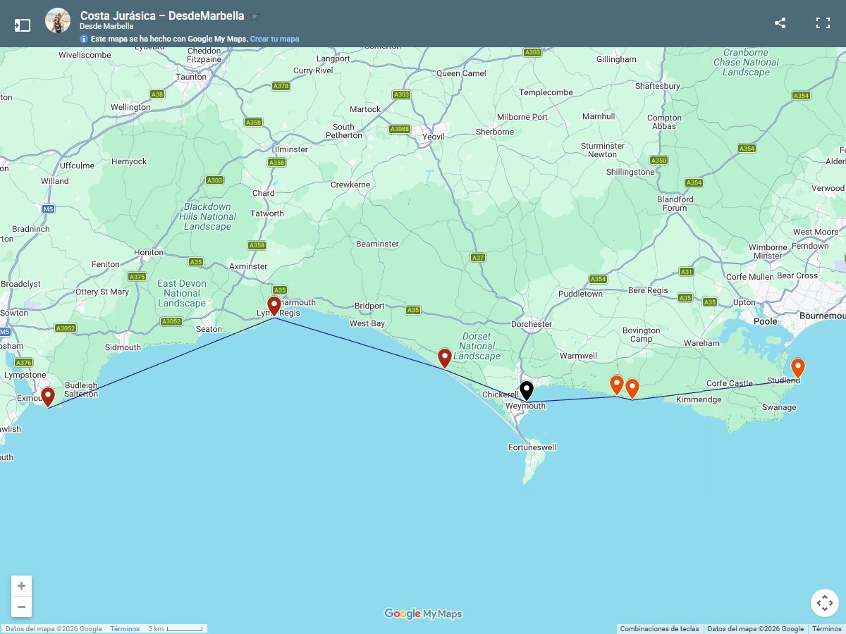 Mapa de nuestra ruta por la Costa Jurásica: Orcombe Point, Lyme Regis, Chesil Beach, Weymouth, Durdle Door, Lulworth Cove y Old Harry Rocks