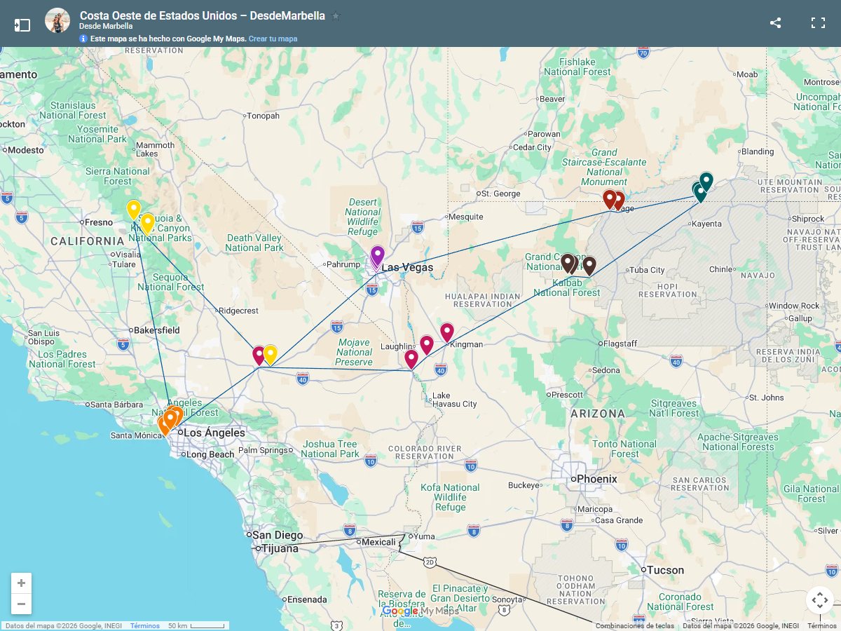 Mapa de nuestra ruta en coche por la Costa Oeste: Los Ángeles, Ruta 66, Gran Cañón, Monument Valley, Page, Las Vegas y Secuoyas