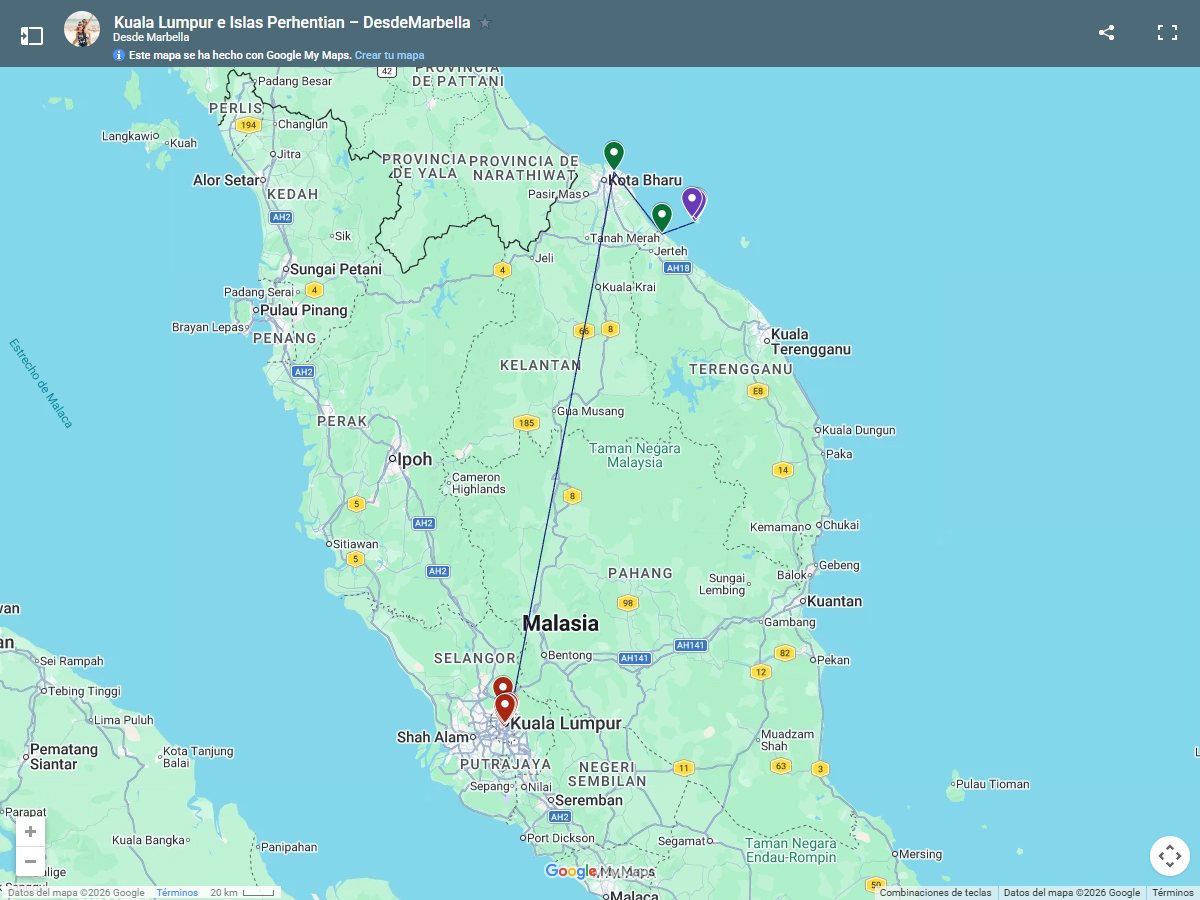 Mapa de nuestra ruta por Malasia: Kuala Lumpur y las islas Perhentian