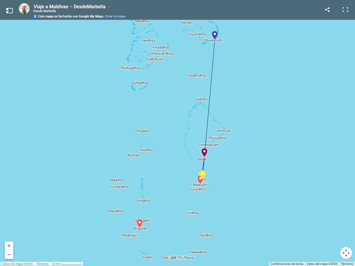 Mapa de nuestra ruta por Maldivas: Maafushi, Gulhi, los tiburones ballena junto a Dhigurah y el resort Cocoon Maldives