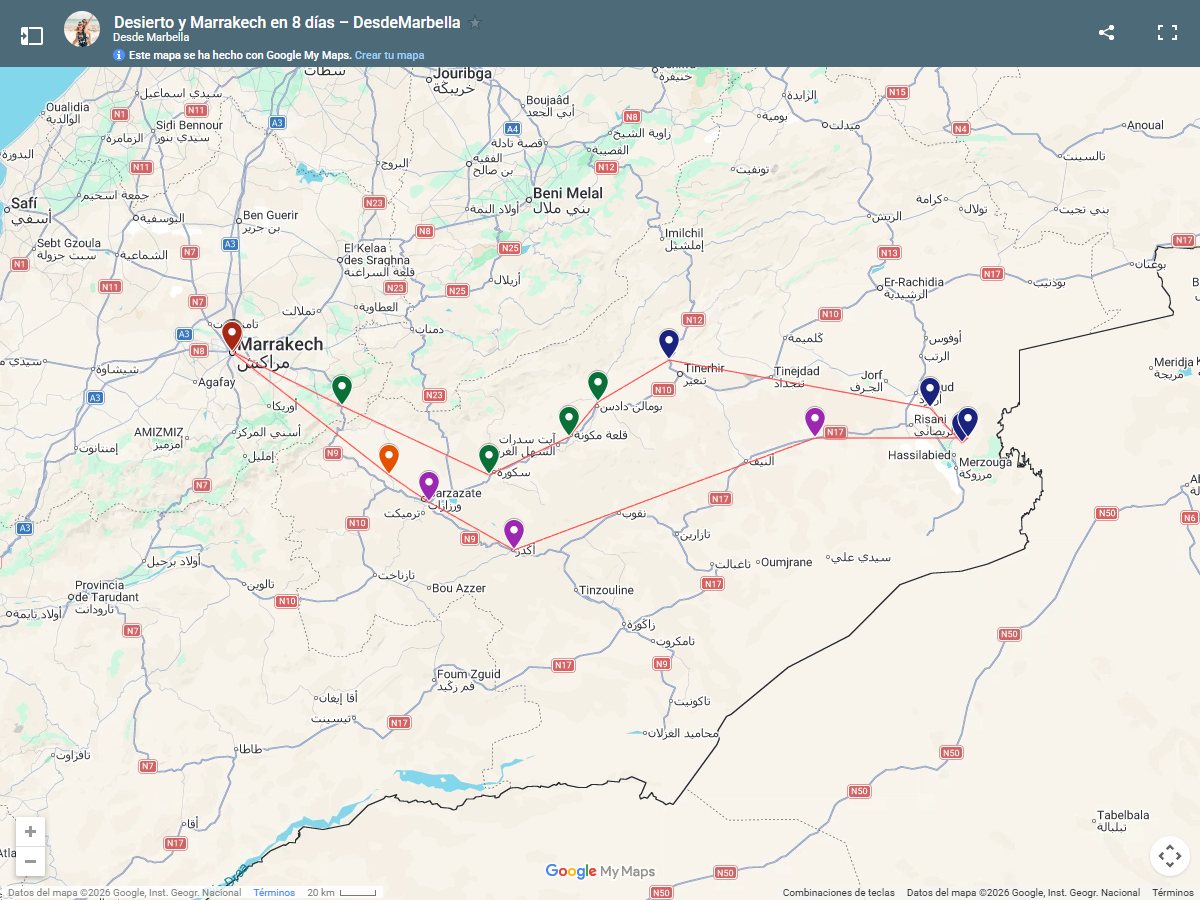 Mapa de nuestra ruta por Marruecos: Marrakech, Valle del Dadès, desierto de Merzouga, Ouarzazate y Aït Ben Haddou