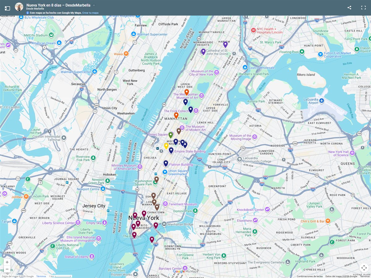 Mapa de nuestros 8 días en Nueva York, de Downtown y Brooklyn a Midtown, Central Park y Harlem