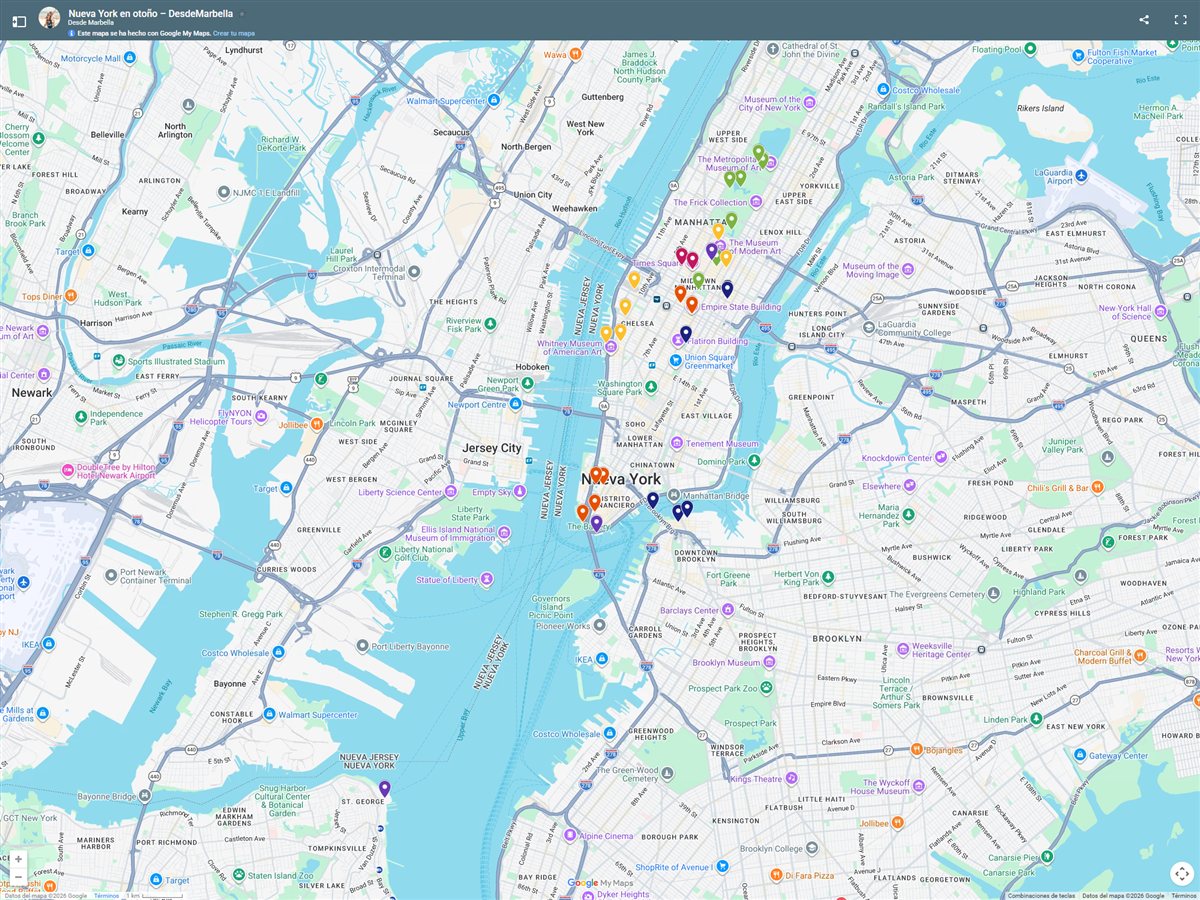Mapa de nuestro viaje a Nueva York en otoño: Midtown, Brooklyn, Central Park, el bajo Manhattan, Staten Island y Hudson Yards