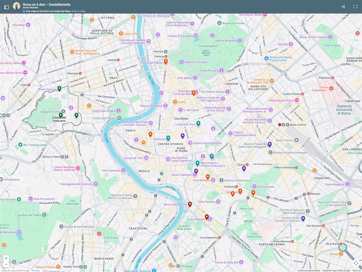 Mapa de nuestros 6 días en Roma: Coliseo, Foro Romano, Panteón, Fontana di Trevi, basílicas y el Vaticano