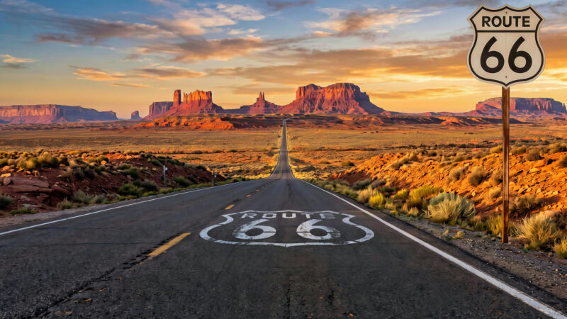 Costa Oeste de Estados Unidos: la Ruta 66 hacia Monument Valley con la señal de la carretera