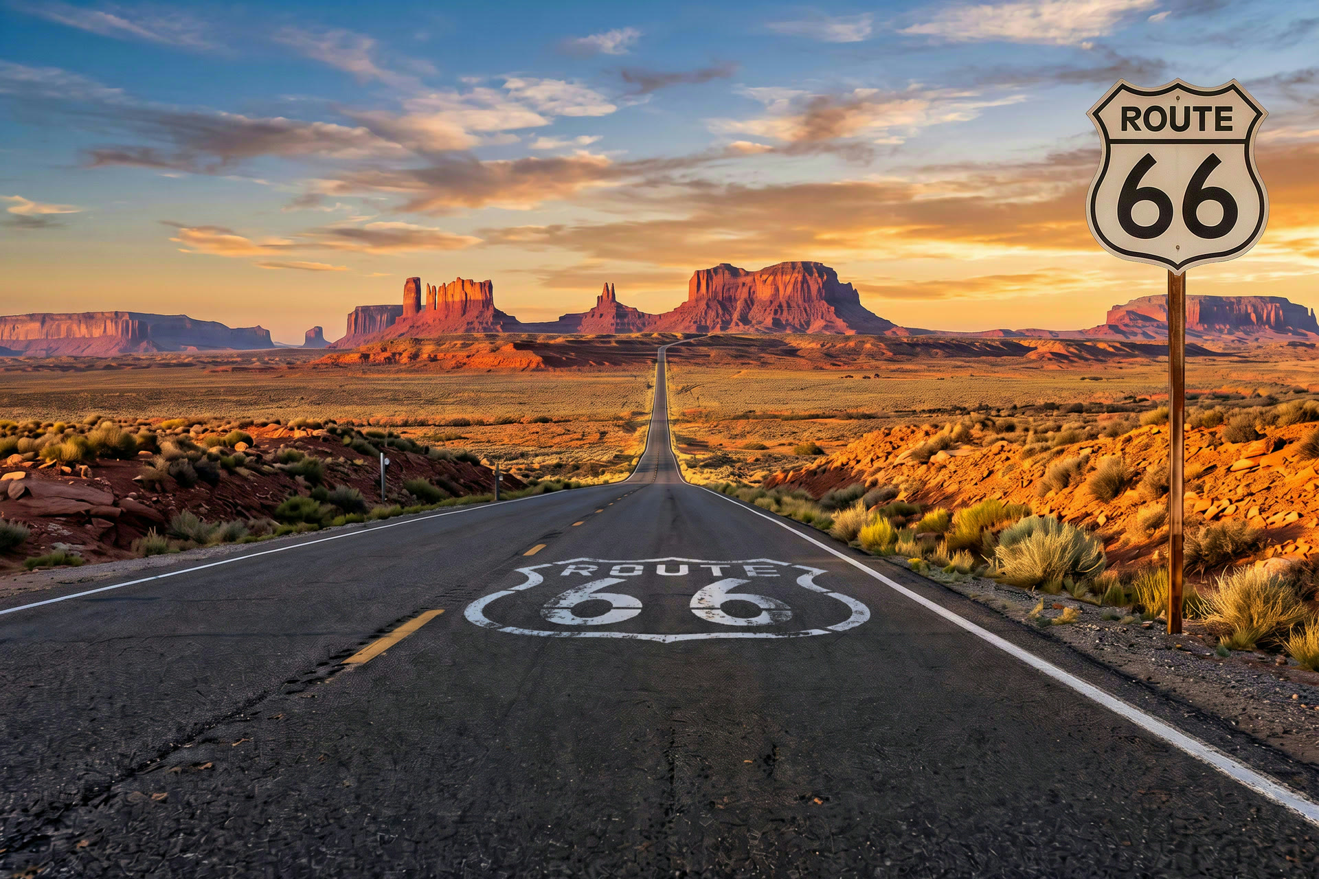 Costa Oeste de Estados Unidos: la Ruta 66 hacia Monument Valley con la señal de la carretera