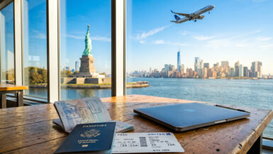 Solicitar la ESTA: pasaporte y tarjeta de embarque con Nueva York al fondo