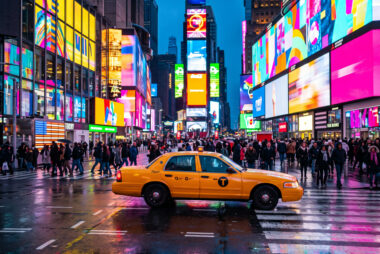 Viaje a Nueva York: Times Square de noche con un taxi amarillo