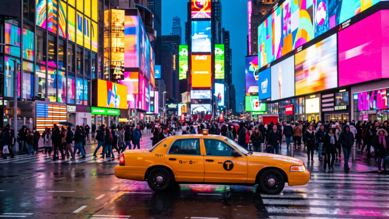 Viaje a Nueva York: Times Square de noche con un taxi amarillo