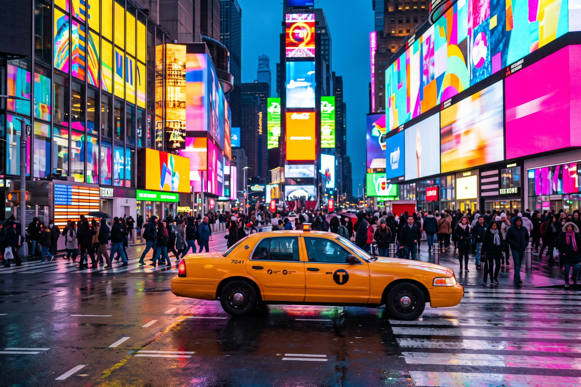 Viaje a Nueva York: Times Square de noche con un taxi amarillo